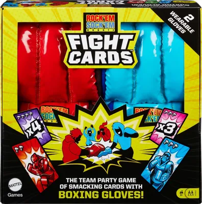 Produktbild von Games Rock ‘Em Sock ‘Em Robots Fight Cards, Kartenspiel mit Roboter-Kampfkarten und zwei Boxhandschuhen, Team-Partyspiel, Kartenspiel, Party, 8 Jahr(e), Familienspiel