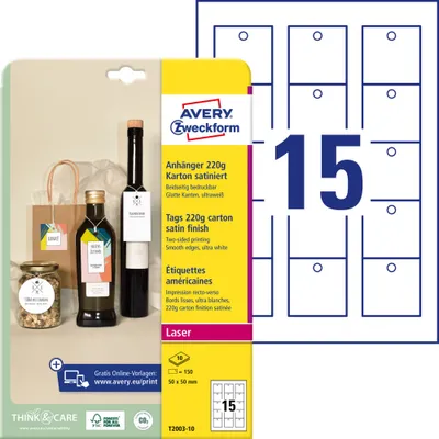 Produktbild von Avery Zweckform T2003-10 Anhänger, 50 x 50 mm, beidseitig beschichtet, 150 Stück / 10 Bogen