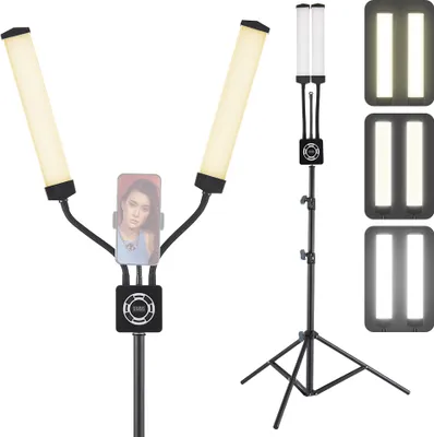 Produktbild von 40-W-Doppelarm-Fuelllicht, dreifarbiges Schoenheitslicht, in mehreren Winkeln drehbares Schlauchrohr-Design, 196 Stueck Perlen, 3200 K-5600 K Farbtemperatur, stufenlos einstellbar, mit Telefonclip, Stativstaender, Fernbedienung fuer Videoaufnahmen/Portraet/Fotografie/Selfies/Fotoaufnahmen/Make-up auftragen