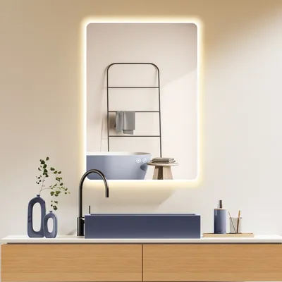 Produktbild von HOKO Badspiegel Antibeschlag LED 70x100cm mit Rahmen HOCH+QUER Montage TouchSchalter+Licht Wechsel Warmweiß-Kaltweiß-Neutral Wandschalter einschaltbar