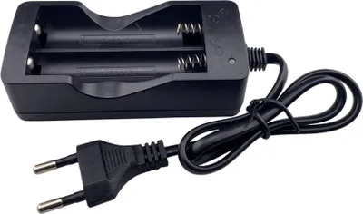 A black dual battery charger with a European plug.