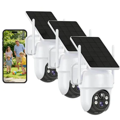 Zdjęcie produktu dla Kamera monitoringu solarna 4MP, Wi-Fi, 360°PTZ, obracana, bezprzewodowa, z panelem słonecznym, kolorowy tryb nocny, dwukierunkowy dźwięk, detekcja PIR, wodoodporna, 3 sztuki