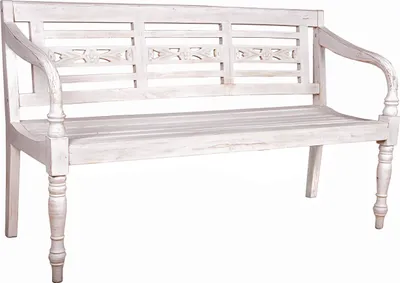 A white wooden bench with a slatted seat and backrest, set against a white background.