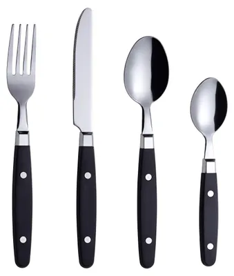 Image de Ensemble de couverts EXZACT, 24 pièces, en acier inoxydable, avec manches décoratifs rivetés / Couverts de style rétro - 6 fourchettes, 6 couteaux, 6 cuillères à soupe, 6 cuillères à café - 6 (noir)