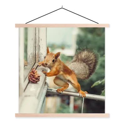 Produktbild von MuchoWow® Textilposter Eichhörnchen - Fenster - Herbst - Tannenzapfen 40x40 cm mit holzfarbenen Rahmen - Posterleiste