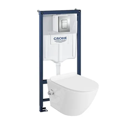 Produktbild von GROHE Wand Hänge WC Salto Weiß Spülrandlos + WC-Sitz SoftClose | Matt Verchromter Knopf |  Komplettset | Toilette Komplett Sett |