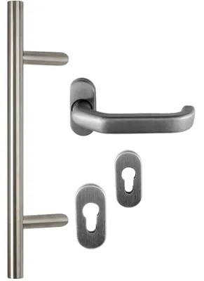 Produktbild von Edelstahl Haustür Griff- Beschlag- Set in verschiedenen Längen Art.Nr.:101.1022 Maß L:350/ Maß B:210mm
