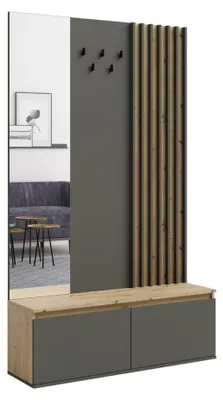 Image de Meuble d'entrée avec porte-manteau et miroir 120 cm - chêne clair et gris anthracite - Collection NEMO