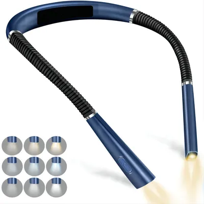 A blue neck reading light with flexible arms and LED lights.