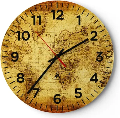 Produktbild von Wanduhr - Rund - Glasuhr - Karte Welt Kontinente - 40x40cm - Schleichendes Uhrwerk - Lautlos - zum Aufhängen bereit - Dekoration Modern - Wanddekoration aus Glas - C4AR40x40-0127