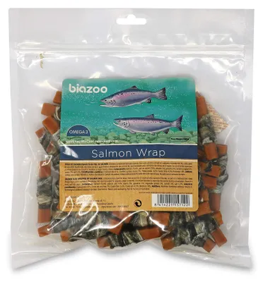 Zdjęcie produktu dla Paski łososia Biazoo z dodatkiem skórki łososia, 500 g, dla psów, odpowiednie dla wszystkich ras