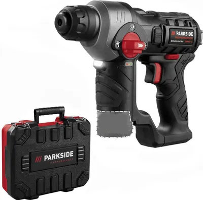 A cordless drill and its case are shown against a white background.