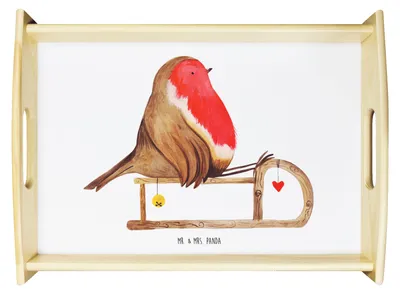 Produktbild von Mr. & Mrs. Panda Tablett Rotkehlchen Schlitten - Weiß - Geschenk, Weihnachten, Servier, Sofa, Vogel, aus holz, betttablett, serviertablett