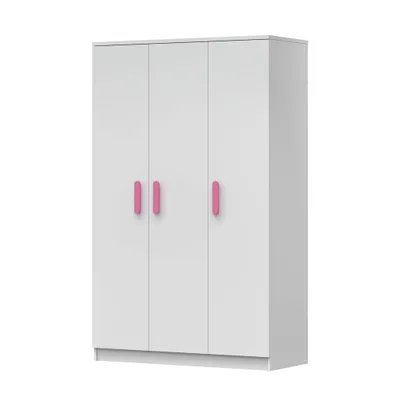 Produktbild von Kleiderschrank Drehtürenschrank Kinderkleiderschrank Schrank 120cm Weiß/Weiß mit rosa Griffe - JONAS 19