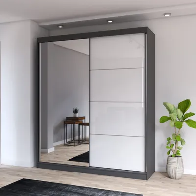 Produktbild von Schwebetürenschrank Kleiderschrank Schrank mit Spiegel 203 cm Grau/Weiß Multi 35