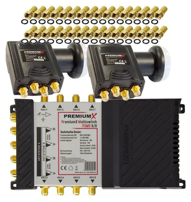 Produktbild von PremiumX Multischalter Set 9/8 SAT 2x Deluxe Quattro LNB 32x F-Stecker