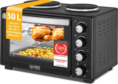 Produktbild von TZS First Austria - Minibackofen mit Kochplatten 30L 3200 W - Mini Backofen Pizzaofen mit Herdplatten bis 230°C & 6 Heizmodi - Miniofen Kombigerät mit 4 Einschubhöhen & hochwertigem Zubehör
