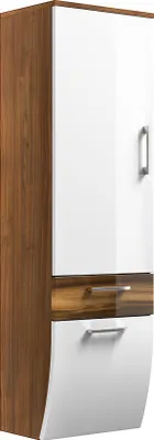 A tall cabinet with a white front and a brown wood-grain side.