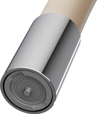 Close-up of a faucet spout with a beige flexible hose attached.