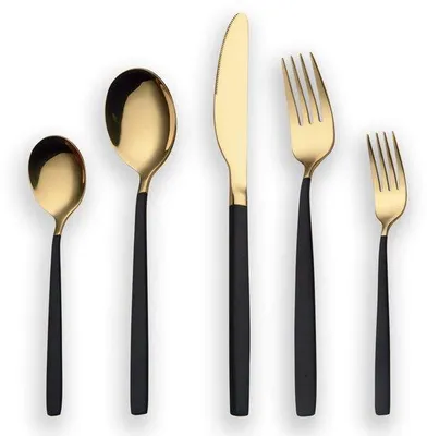 Produktbild von Unyqoos® 30-teiliges Edelstahl-Besteckset für 6 Personen – elegantes Essbesteck mit schwarzen Griffen & goldenen Akzenten, ergonomisch, spülmaschinenfest