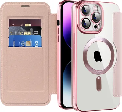 Obrázek produktu pro Pouzdro pro iPhone 14 Pro Max kompatibilní s MagSafe, průhledné pouzdro s držákem karet, kožené pouzdro s ochranou kamery Růžový