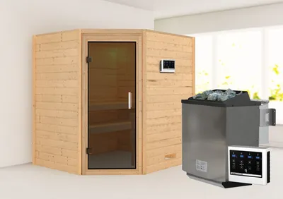 Produktbild von Karibu Sauna Innensauna Mia Eckeinstieg  Ofen 9 kW  externe Strg easy 196x169x198 cm  ohne Dachkranz mit Graphittür