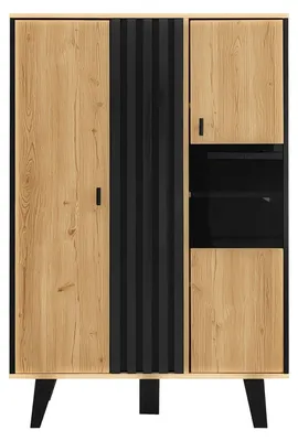 Zdjęcie produktu dla Komoda – szafka do salonu – 2 drzwi – 6 przegródek – oświetlenie LED – drzwi szklane – wymiary: 80 x 120 x 40 cm – kolor: czarny