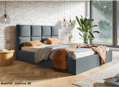 Produktbild von Polsterbett SLIM mit Kopfteil, 180x200 cm, Doppelbett mit Bettkasten und Lattenrost aus Holz, Velourstoff, Farbe: Dunkelgrau