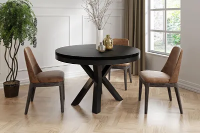 Produktbild von Runder Ausziehbarer Esstisch im Loft-Stil - Industrieller Tisch mit Schwarzen Metallbeinen - Platzsparender Tisch für Wohnzimmer - Schwarz - 100 bis 180 cm