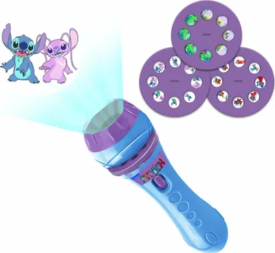 A projector flashlight with three projection discs, featuring characters from Disney's Lilo & Stitch.