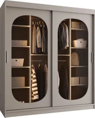 Produktbild von MIRJAN24 Kleiderschrank Bahrajn 180, Schwebetürenschrank, Garderobe (Farbe: Cashmere, Größe: 180 cm, mit Schubladen und mit Weisser LED Beleuchtung)
