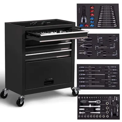 Immagine prodotto di Carrello da officina AREBOS, 4 cassetti, 81 utensili, tappetini antiscivolo, nero