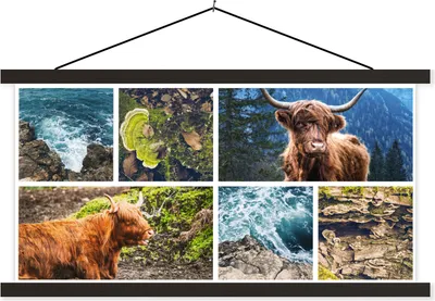 Produktbild von MuchoWow® Textilposter Schottisches Hochlandrind - Collage - Meer - Berg 150x75 cm mit schwarzem Rahmen - Posterleiste
