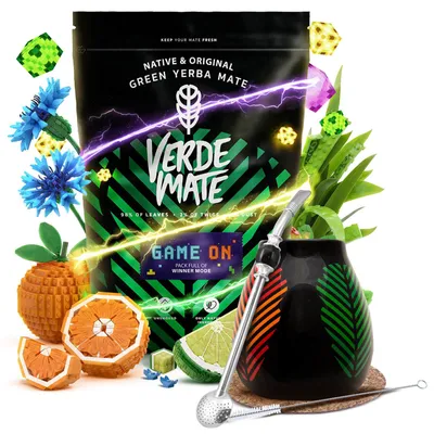 Produktbild von Verde Mate - Mate Tee Set Game On 400g - Yerba Mate Dicke Blätter 5mm - Keramik Becher 350ml, Edelstahl Bombilla - Luftgetrocknet, Mild - Brasilien