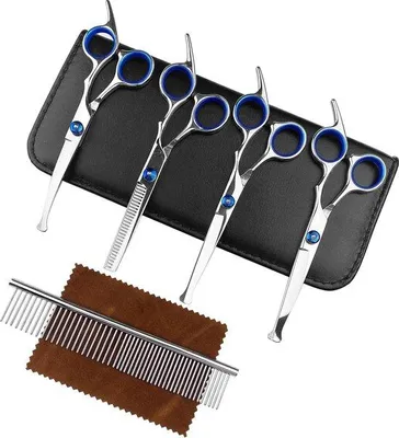 Imagen del producto de Kit profesional de corta pelo para perros Unyqoos® de 4 piezas (17,5 cm) – Tijeras de adelgazado, 2 tijeras curvas y 1 tijera recta, acero inoxidable, puntas de seguridad redondeadas, peine para el cuidado, paño de limpieza, estuche de cuero , color azul