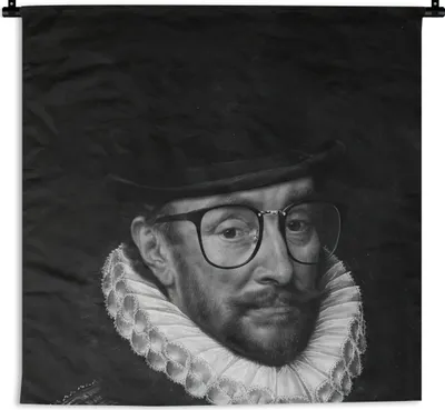 Produktbild von MuchoWow® Wandteppich Wandbehang Porträt von Wilhelm I. - Adriaen Thomasz - Schwarz und Weiß 150x150 cm Tapisserie Dekoration Wandtuch - Wohnaccessoires - Modernes