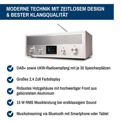 A white retro-style radio with a silver front panel, displaying product features in text below.