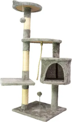Produktbild von Kratzbaum Home für Katzen, Grau, mit Haus, 2 Spielbällen und 5 Ebenen, 40x40x112 cm