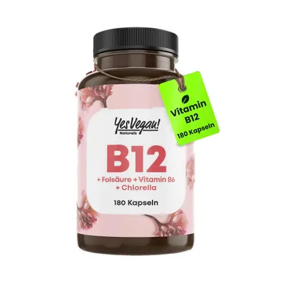 Produktbild von Vitamin B12 hochdosiert mit 500 µg (180 Kapseln = 6 Monate) mit Co-Faktoren B6 und Folsäure I vegan