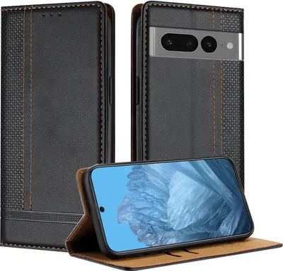 Produktbild von Handyhülle für Google Pixel 7 Pro Leder Flip Klappbare Schutzhülle mit Standfunktion Schwarz