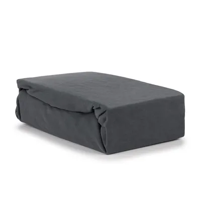 A folded dark gray fitted sheet on a white background.