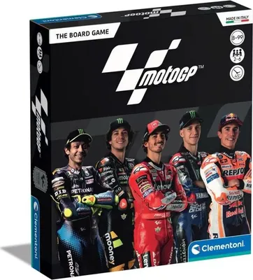 The image shows the front of a board game box for MotoGP, featuring five motorcycle racers in their racing suits.