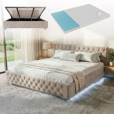 Produktbild von Juskys Polsterbett Nizza 180x200 cm mit Matratze - Bettgestell mit Lattenrost, Stauraum & LED Beleuchtung – Samtbezug, Chesterfield-Steppung - Beige