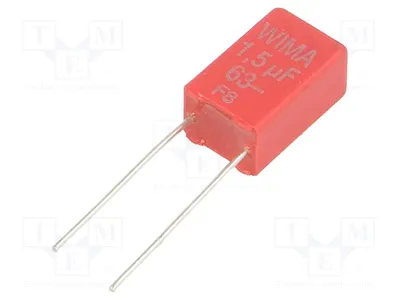 Obrázok produktu pre 2 kondenzátory: Polyester, rozmer: 5 mm, kapacita: 1,5 µF, napätie: 63 V DC, 40 V AC, tolerancia: 5 %, kód: 2C041501H00JO00