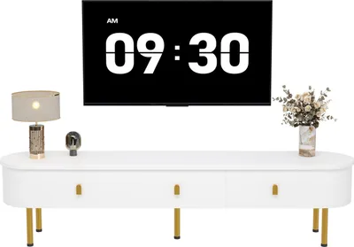 Produktbild von Lowboard, TV-Schrank mit Schubladen,goldenen Griffen und Beinen, geschwungenen Ecken