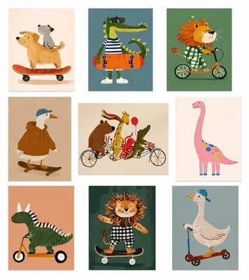 Wandkunst-Set Tiermotive, 9-teilig, 20x30 cm, Kinderzimmer