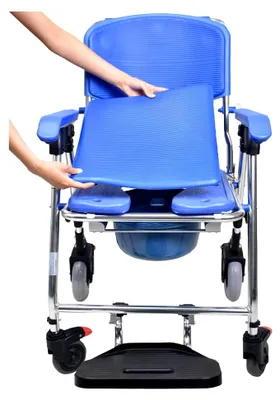 Produktbild von Toilettenstuhl für Senioren mit Rollen, klappbarer Duschstuhl bis 150 kg, multifunktionaler Duschrollstuhl mit Armlehnen und klappbarer Fußstütze, vier Räder mit Bremsen
