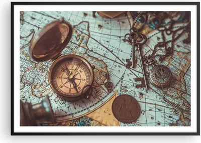 Produktbild von Gerahmtes Poster - Schwarzer Rahmen - Kompass Vintage Karte - 100x70 cm - Wand Bild - Wanddeko - Wandbilder - Wandposter - Bilderrahmen - Bilder - Kunstdruck - Wandbild - P2BAA100x70-4302