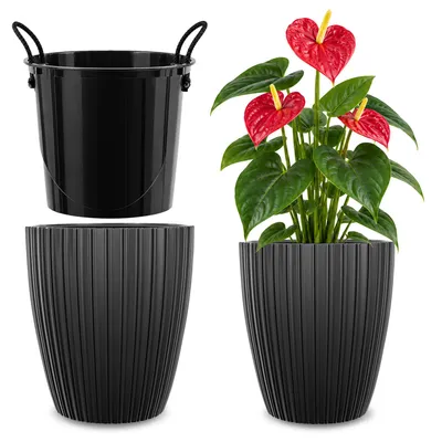 Productafbeelding van KADAX Bloempot, bloempot 30 cm, met afdekking en binneninzetstuk, bloemenstandaard, kunststof, zwart