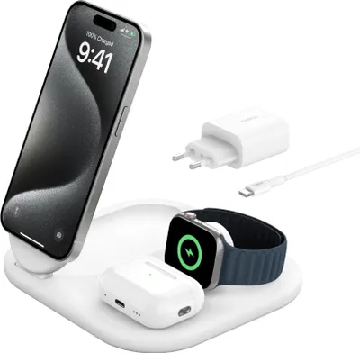Produktbild von Belkin BOOST Charge 3in1 Qi2 15W magn.Ladestation weiß WIZ029vfWH